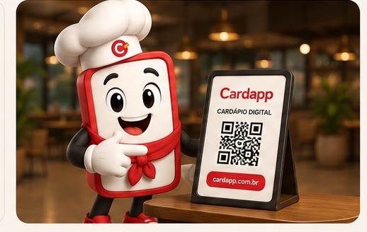 Plaquinha com QR Code do Cardapp na mesa de um restaurante